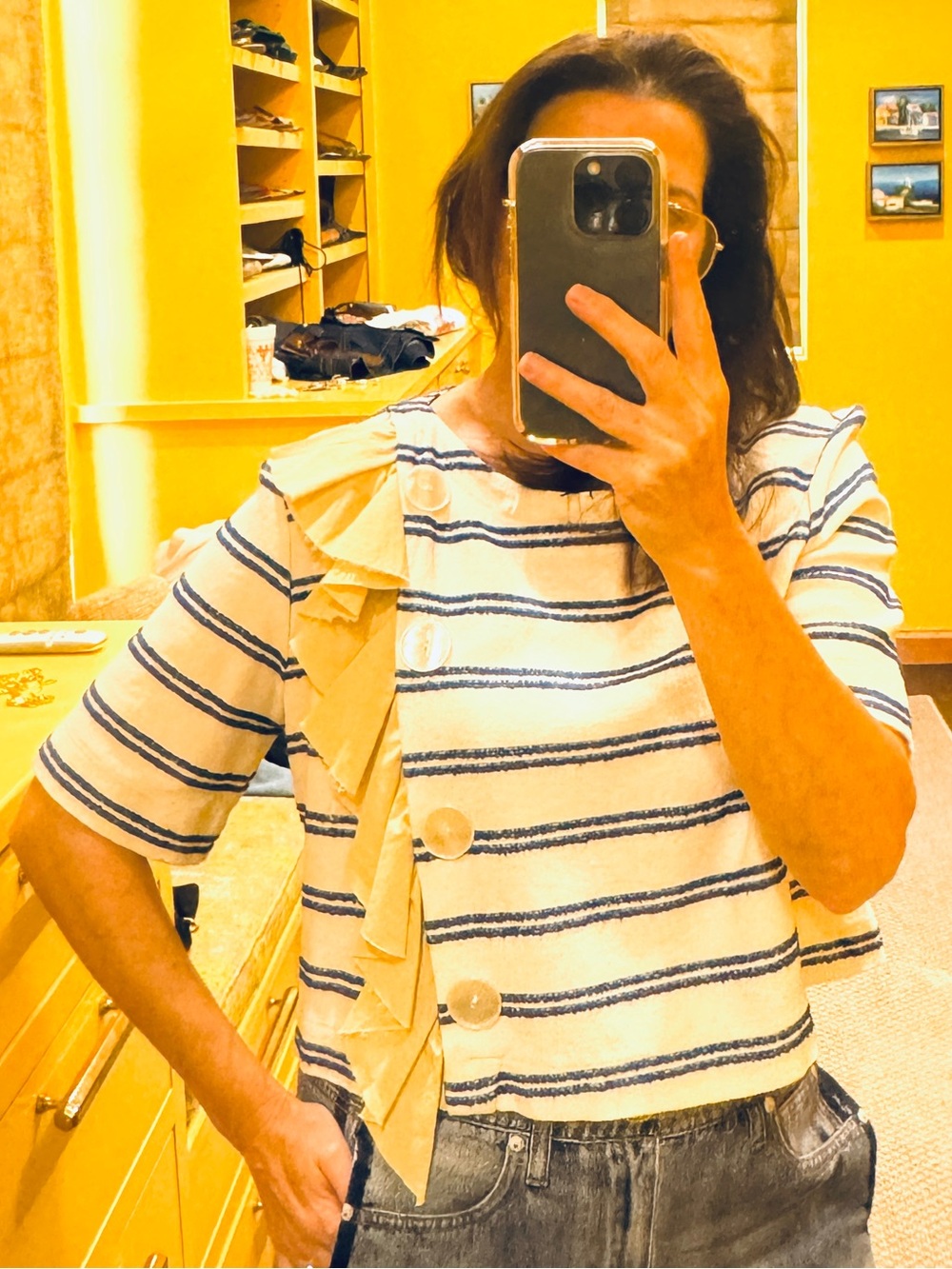 Alysi Cream and Blue Button up Top, bought in Spain